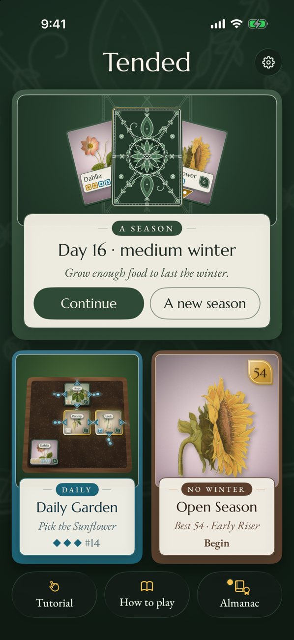 The home screen: a season, the Daily Garden and Open Season