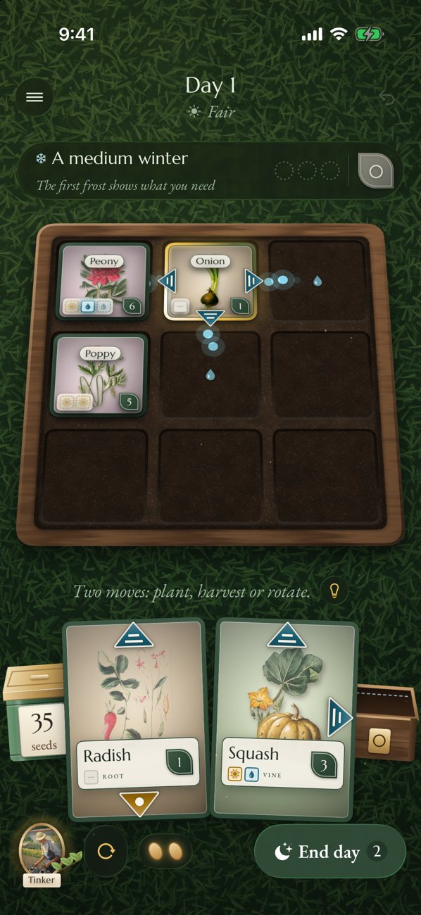 A garden on day one, with two seeds in hand
