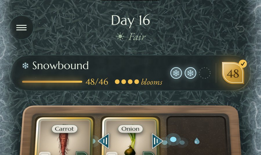 Day 16 under frost: the winter card wants 46 food, and the larder holds 48